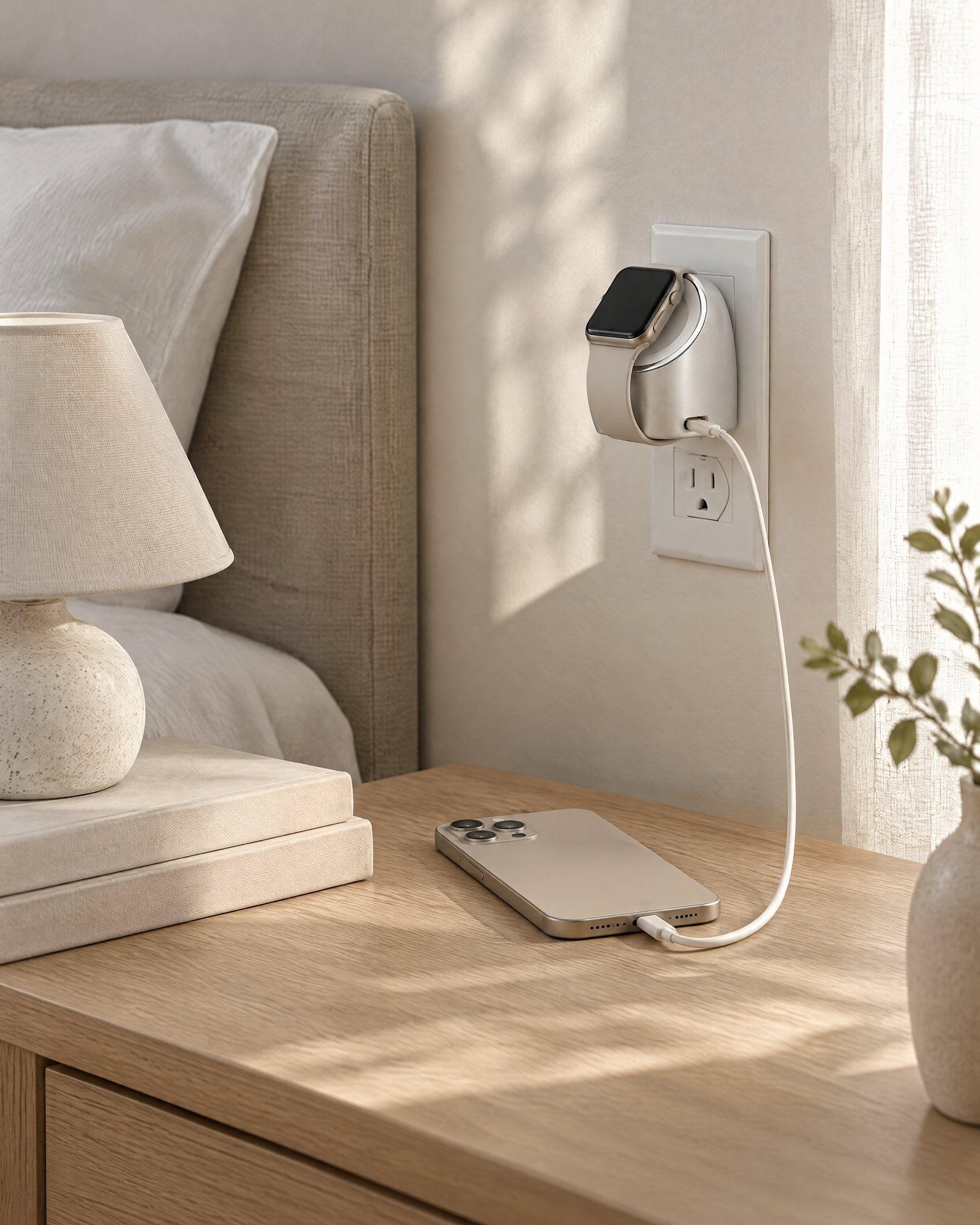 A nightstand in the morning with Tandem 45 and a watch on its puck