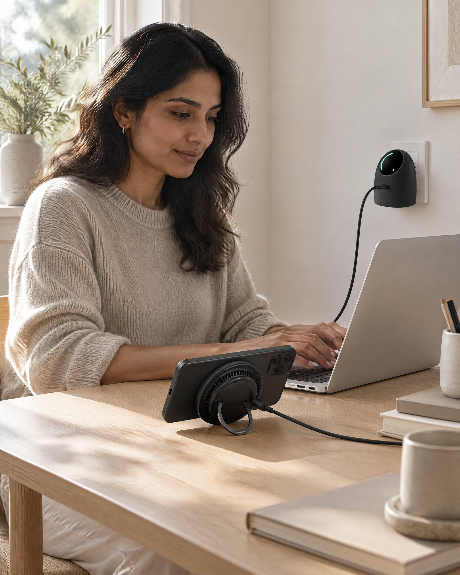 An adult working at a desk with Glint 45 in the wall and a phone on Eddy