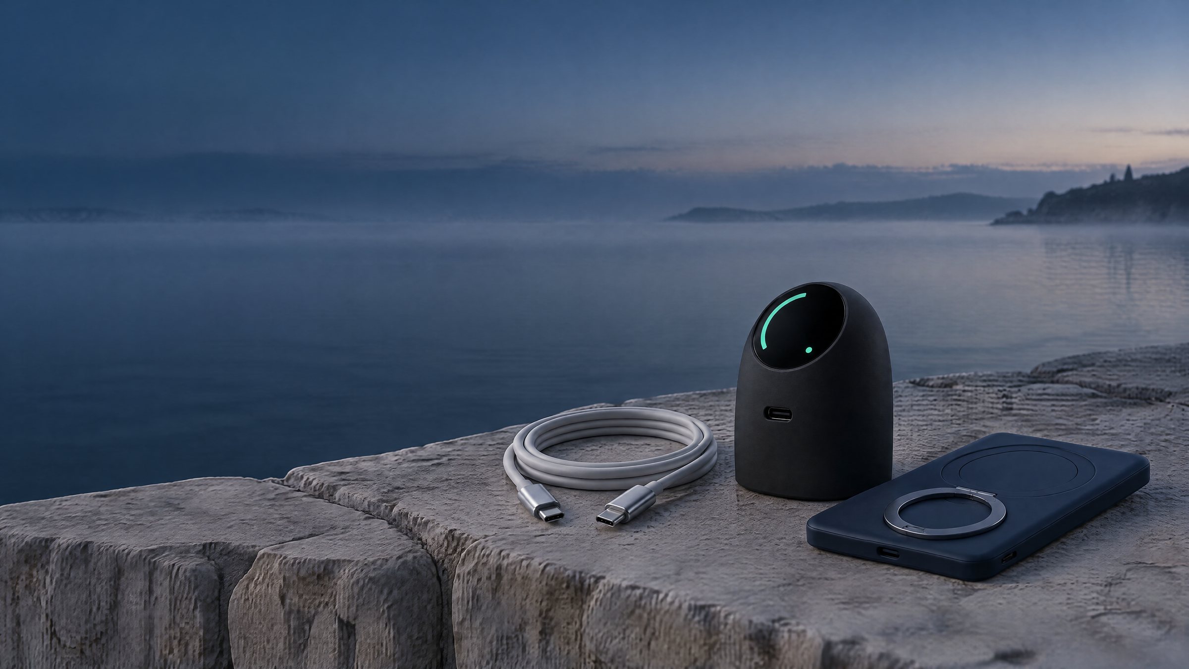 Before sunrise, a low wall of pale limestone by a still sea in the mist; on the stone, Glint 45 with its display softly lit, a coiled Strand Cable and Moor